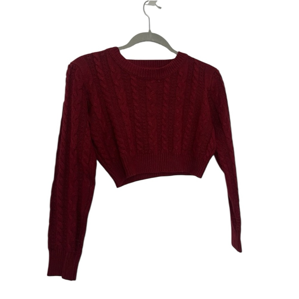 Burgundy Red Knitted Cropped Ribbed Sweater